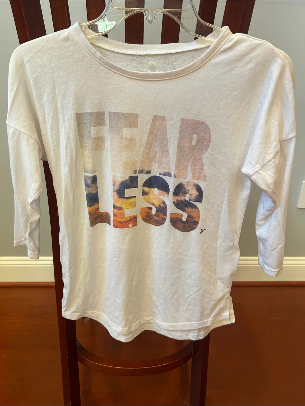 Old Navy White Long Sleeve Tee with 'FEARLESS' Sunset Lettering